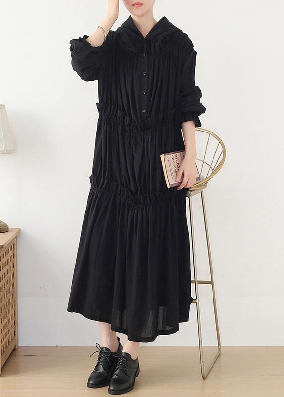 Beautiful Black Cinched hooded Spring Cotton Dress - SooLinen