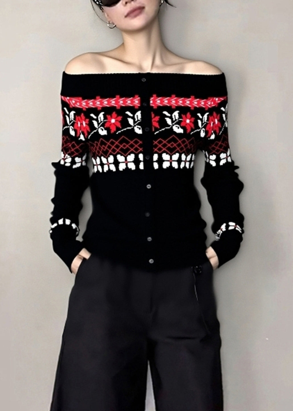 Beautiful Black Cold Shoulder Jacquard Knit Tops Winter