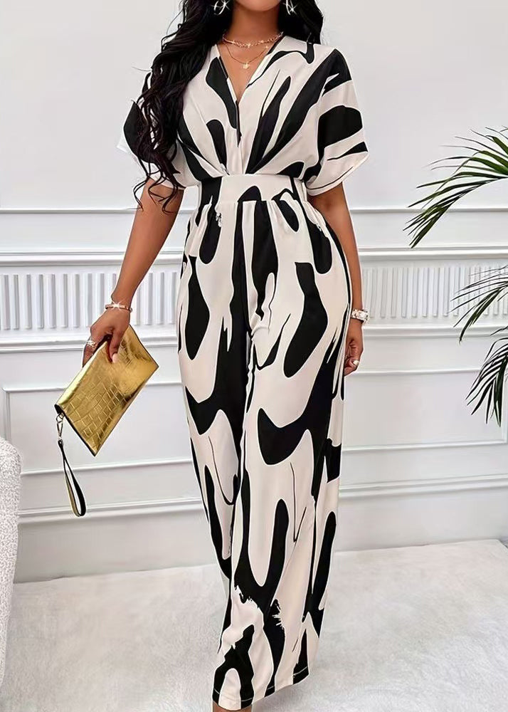 Beautiful Black Elastic Waist Print Spandex Jumpsuit Summer
