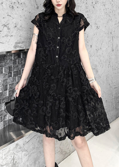 Beautiful Black Embroidered Floral Tulle Mini Dresses Summer