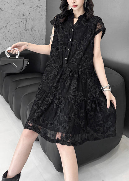 Beautiful Black Embroidered Floral Tulle Mini Dresses Summer