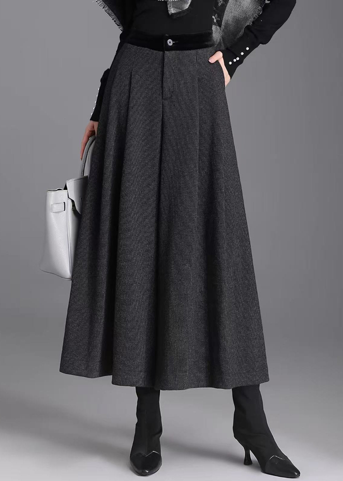 Beautiful Black Grey Pockets High Waist Woolen Wide Leg Crop Pants Skirt Fall