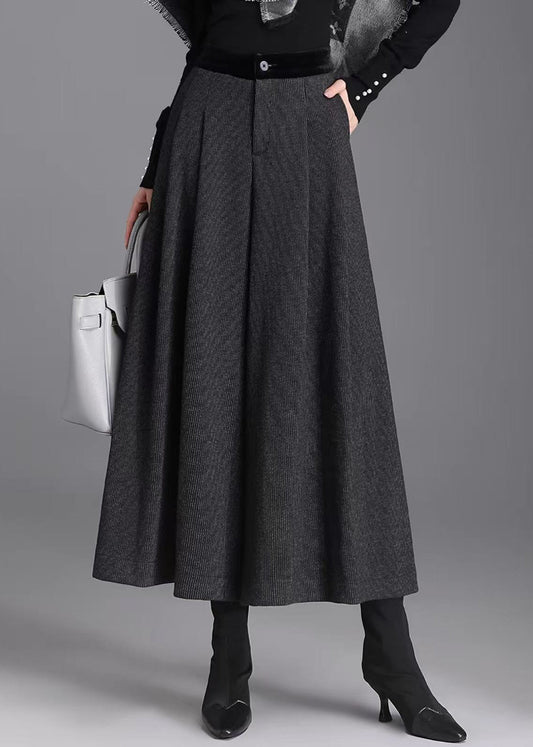 Beautiful Black Grey Pockets High Waist Woolen Wide Leg Crop Pants Skirt Fall