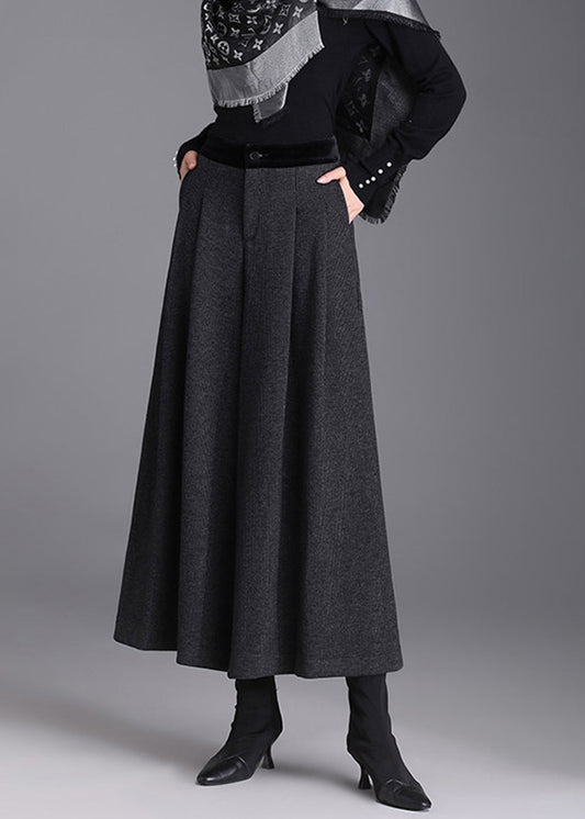 Beautiful Black Grey Pockets High Waist Woolen Wide Leg Crop Pants Skirt Fall