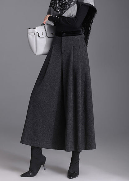 Beautiful Black Grey Pockets High Waist Woolen Wide Leg Crop Pants Skirt Fall