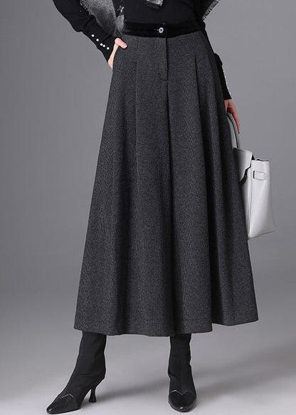 Beautiful Black Grey Pockets High Waist Woolen Wide Leg Crop Pants Skirt Fall