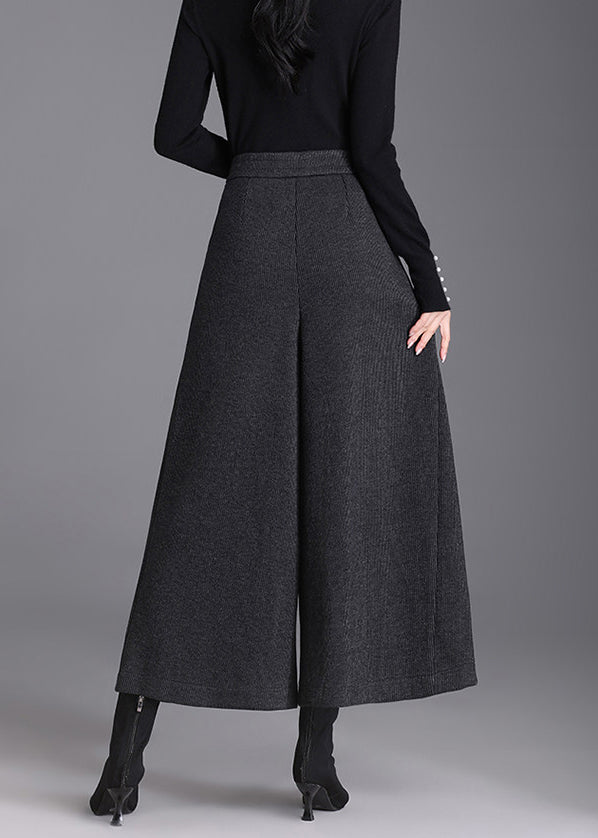 Beautiful Black Grey Pockets High Waist Woolen Wide Leg Crop Pants Skirt Fall