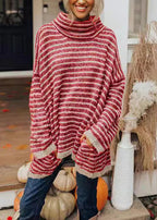 Beautiful Black Hign Neck Thick Striped Knitted Sweaters Tops Fall
