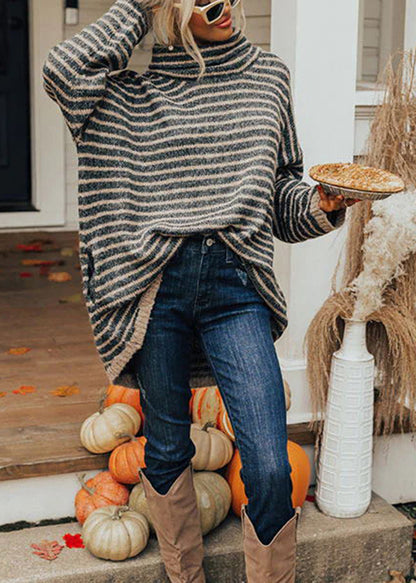 Beautiful Black Hign Neck Thick Striped Knitted Sweaters Tops Fall