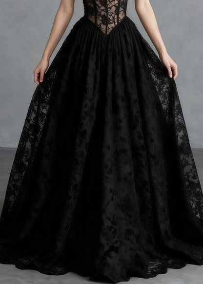 Beautiful Black Hollow Out Exra Large Hem Lace Cami Dresses Summer
