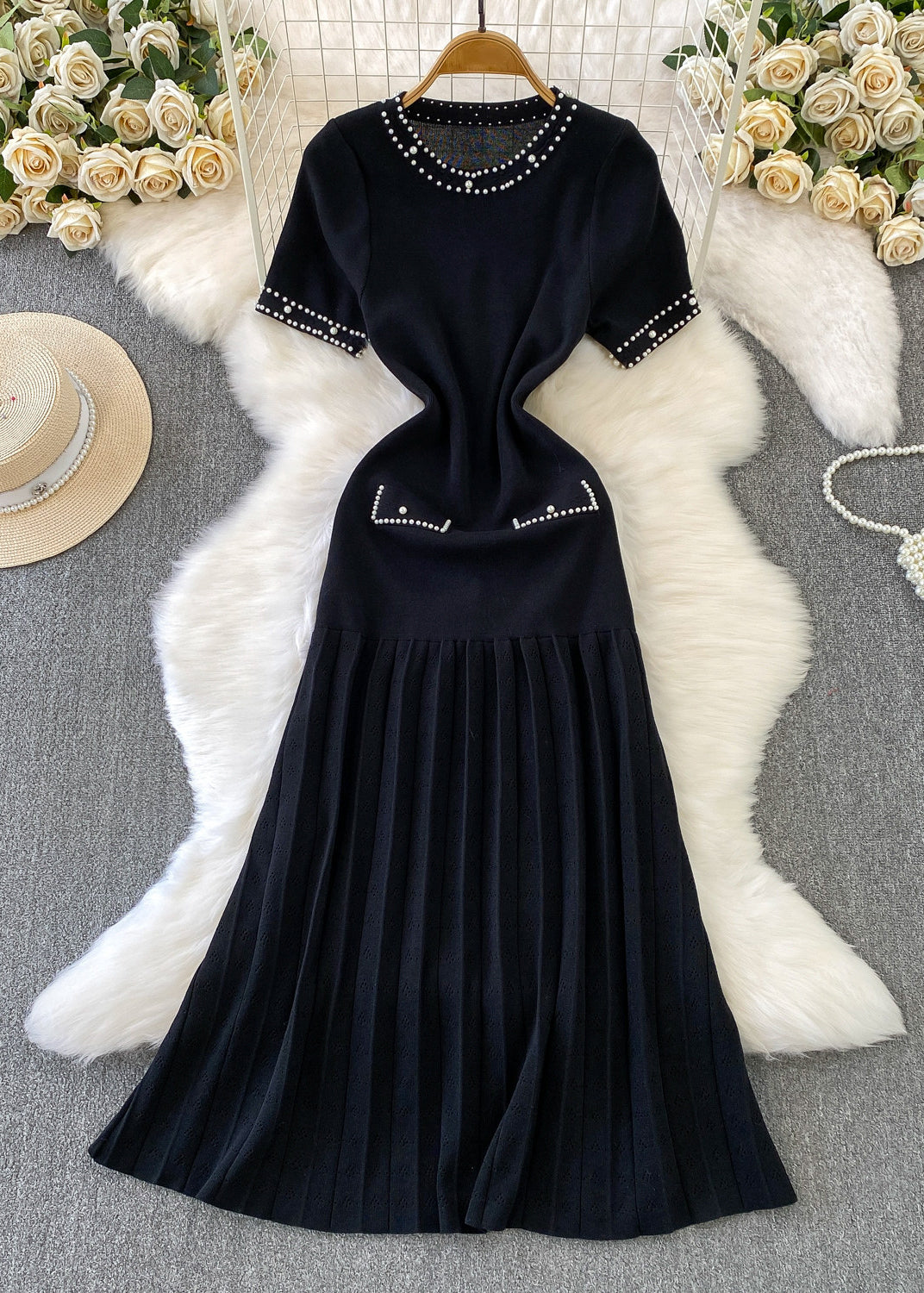 Beautiful Black Hollow Out Patchwork Knit Pleated Dress Summer