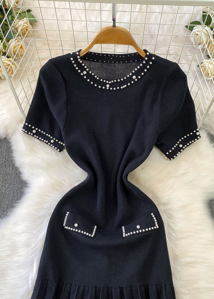 Beautiful Black Hollow Out Patchwork Knit Pleated Dress Summer
