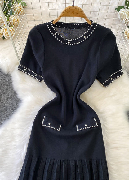 Beautiful Black Hollow Out Patchwork Knit Pleated Dress Summer