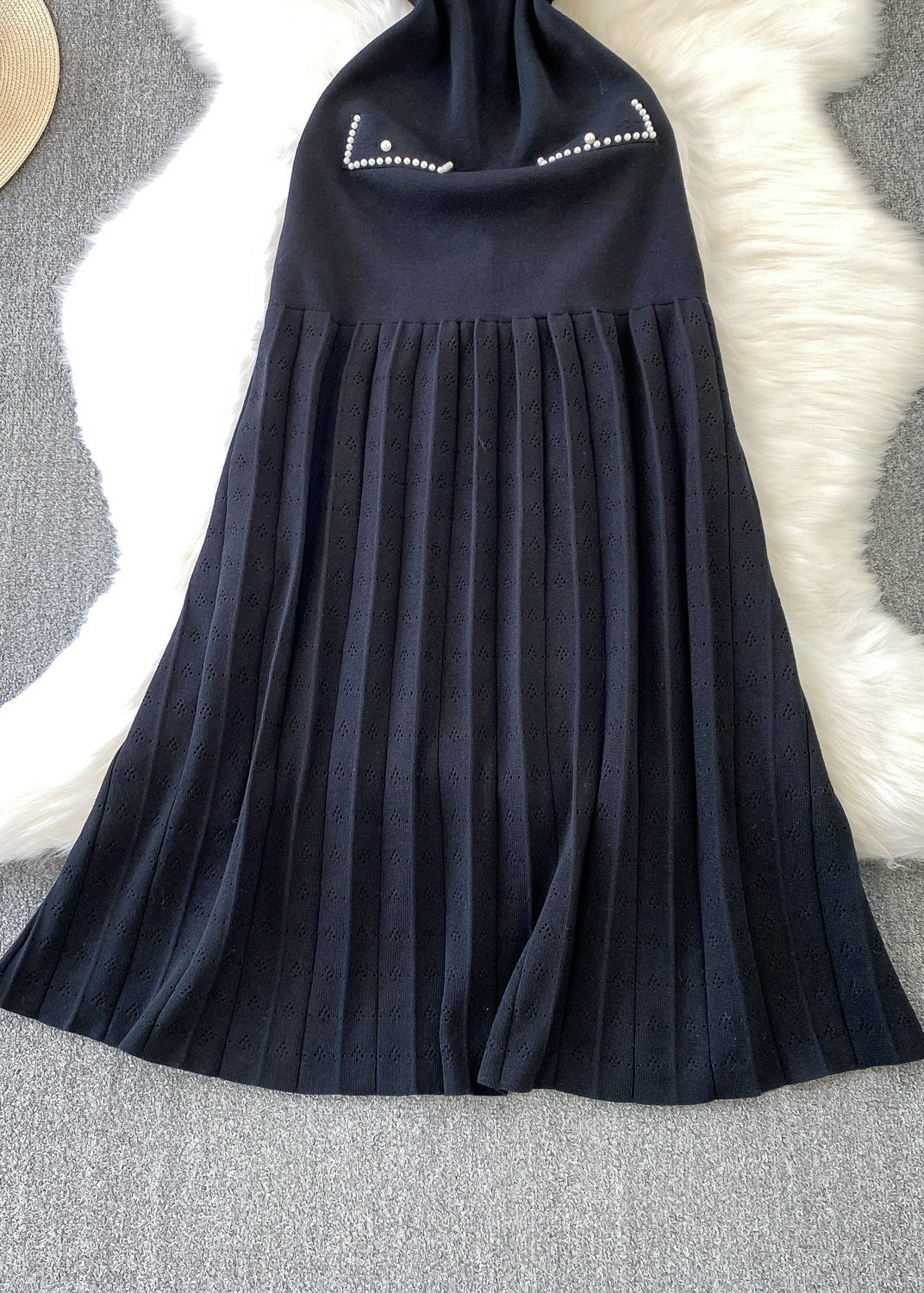 Beautiful Black Hollow Out Patchwork Knit Pleated Dress Summer