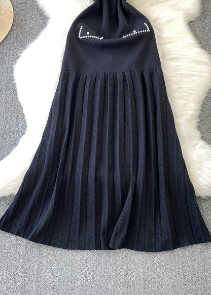 Beautiful Black Hollow Out Patchwork Knit Pleated Dress Summer
