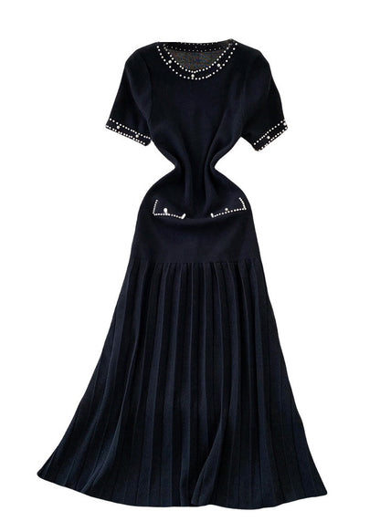 Beautiful Black Hollow Out Patchwork Knit Pleated Dress Summer