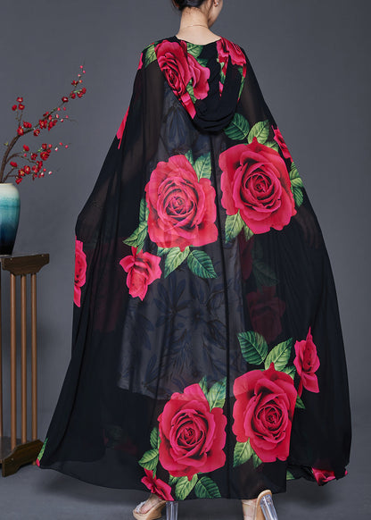 Beautiful Black Hooded Floral Print Chiffon Cardigan Spring