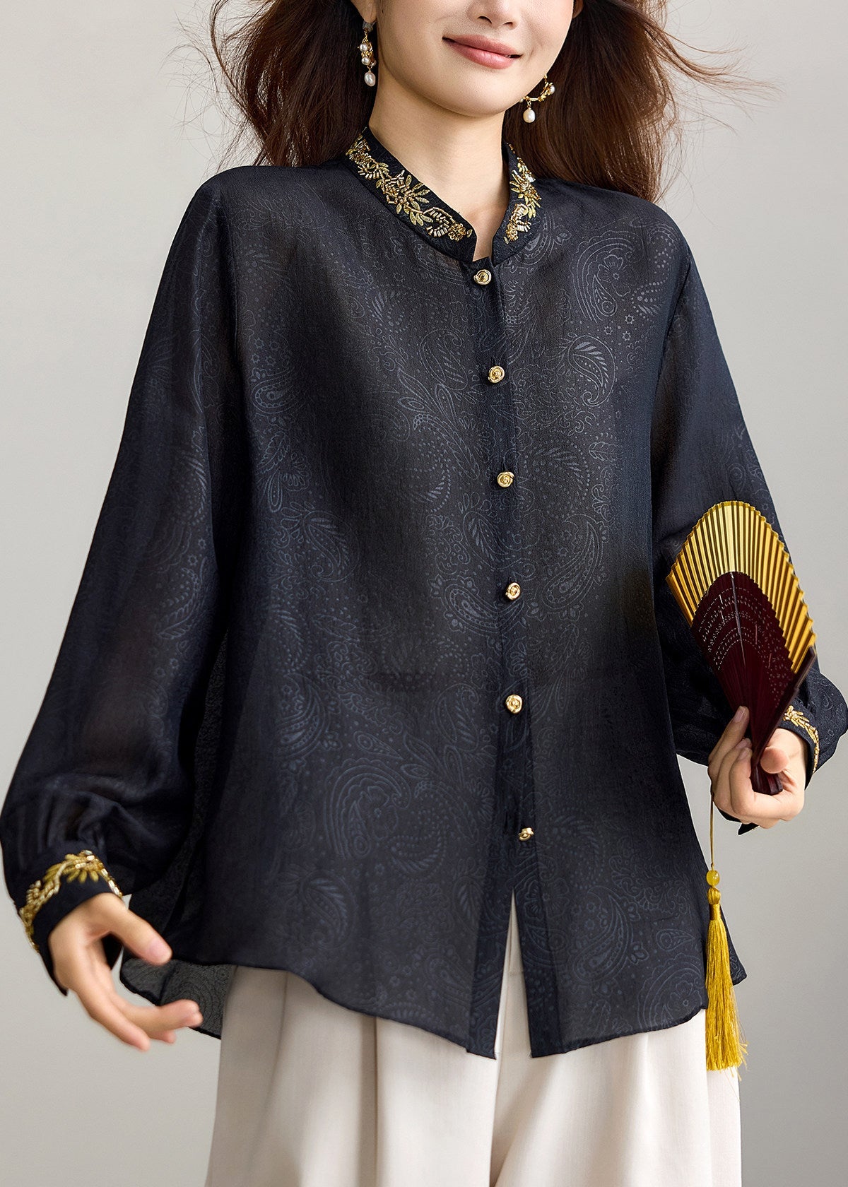 Beautiful Black Mandarin Collar Nail Bead Top Fall