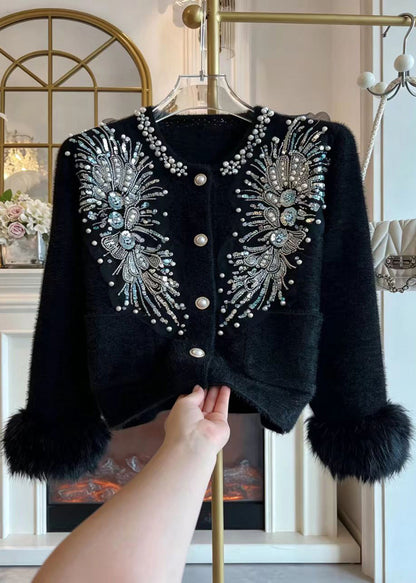 Beautiful Black Nail Bead Sequins Cuff Fur Trim Mink Hair Knitted Cardigan Long sleeve