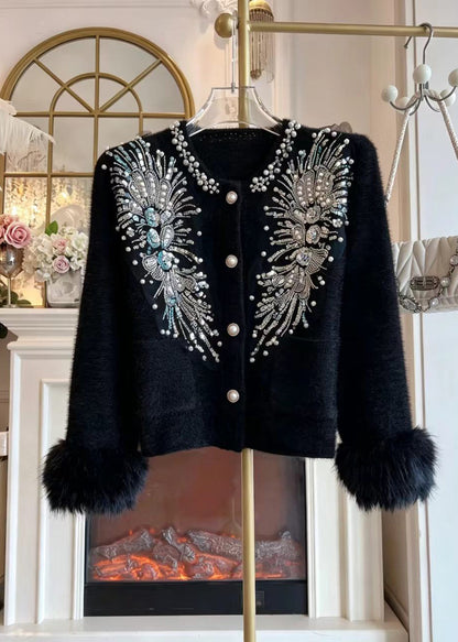 Beautiful Black Nail Bead Sequins Cuff Fur Trim Mink Hair Knitted Cardigan Long sleeve