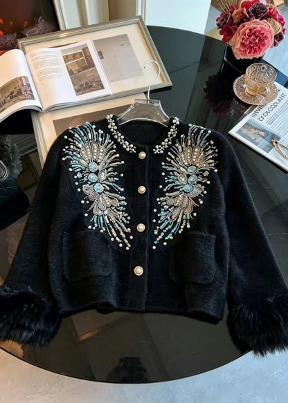 Beautiful Black Nail Bead Sequins Cuff Fur Trim Mink Hair Knitted Cardigan Long sleeve