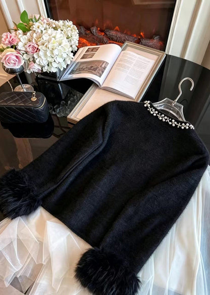 Beautiful Black Nail Bead Sequins Cuff Fur Trim Mink Hair Knitted Cardigan Long sleeve