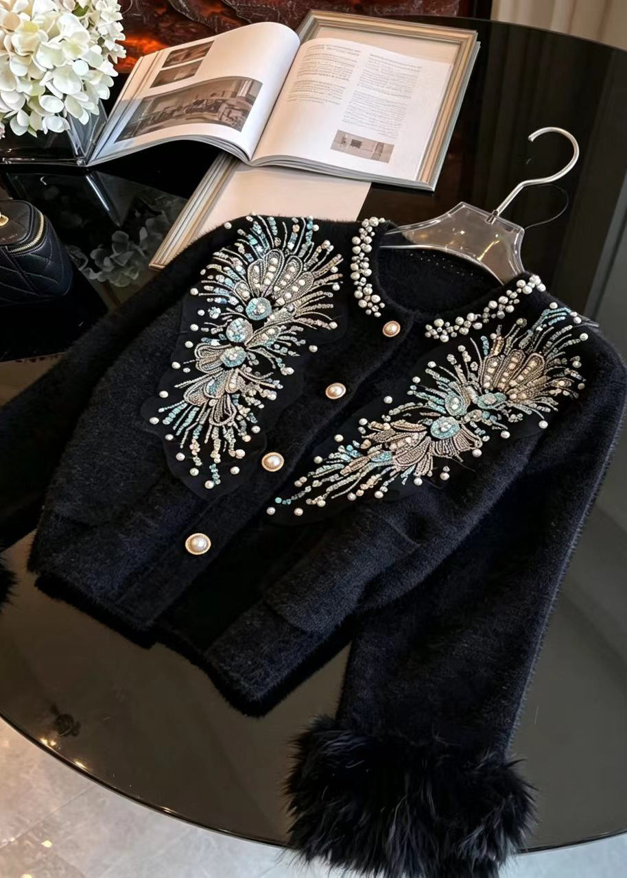 Beautiful Black Nail Bead Sequins Cuff Fur Trim Mink Hair Knitted Cardigan Long sleeve