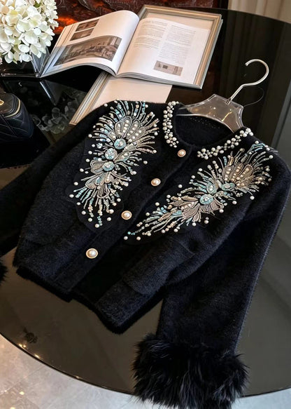 Beautiful Black Nail Bead Sequins Cuff Fur Trim Mink Hair Knitted Cardigan Long sleeve