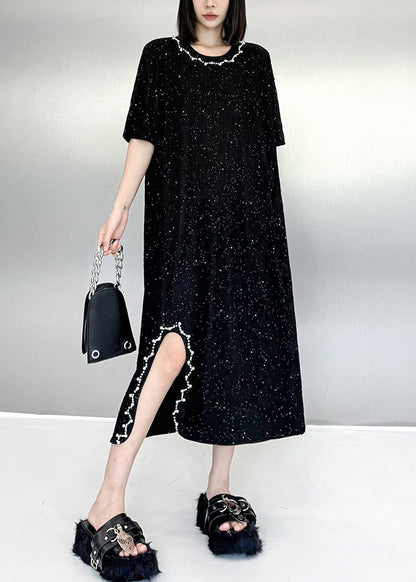 Beautiful Black O Neck Nail Bead Cotton Dresses Summer