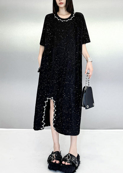 Beautiful Black O Neck Nail Bead Cotton Dresses Summer