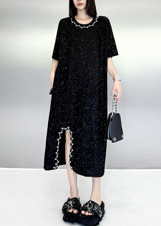 Beautiful Black O Neck Nail Bead Cotton Dresses Summer