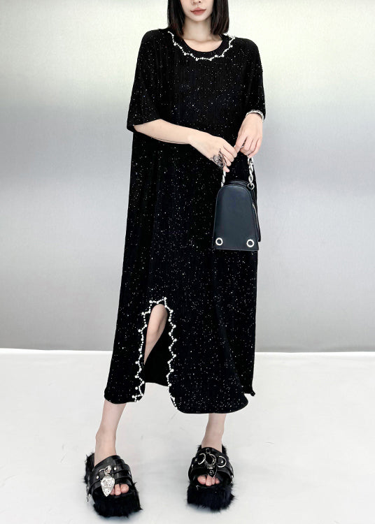 Beautiful Black O Neck Nail Bead Cotton Dresses Summer