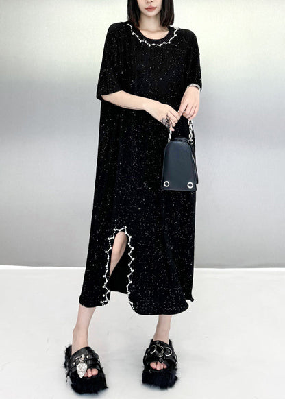 Beautiful Black O Neck Nail Bead Cotton Dresses Summer