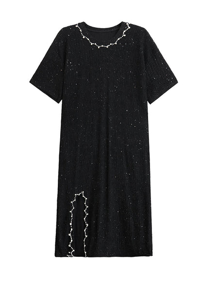 Beautiful Black O Neck Nail Bead Cotton Dresses Summer