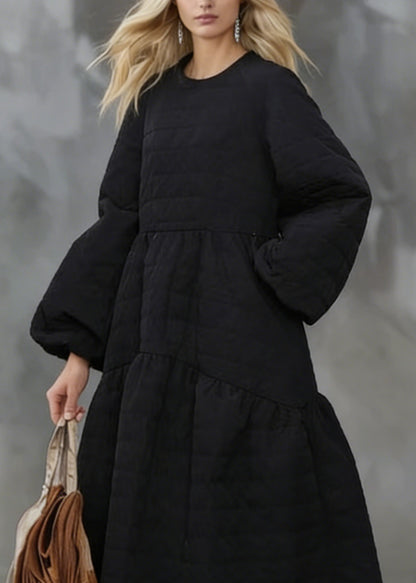 Beautiful Black O Neck Pockets Patchwork Fine Cotton Filled Dress Winter