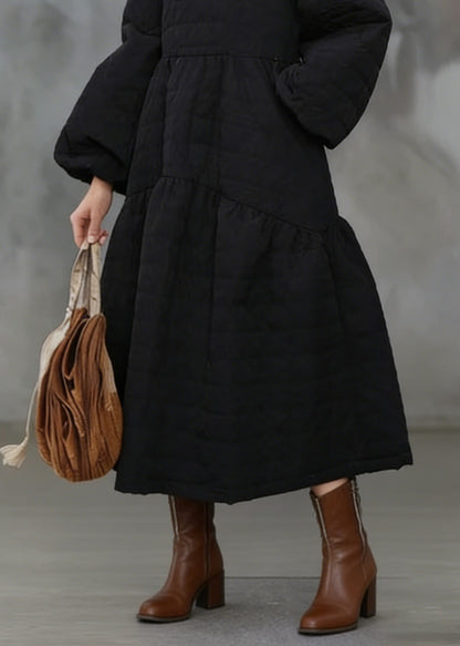 Beautiful Black O Neck Pockets Patchwork Fine Cotton Filled Dress Winter