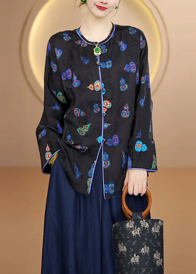 Beautiful Black O Neck Print Button Silk Cardigans Fall