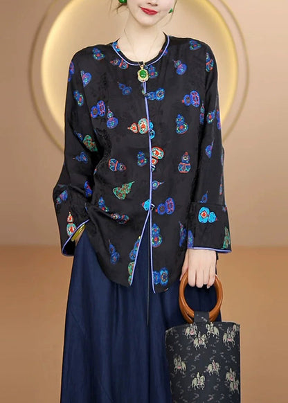 Beautiful Black O Neck Print Button Silk Cardigans Fall