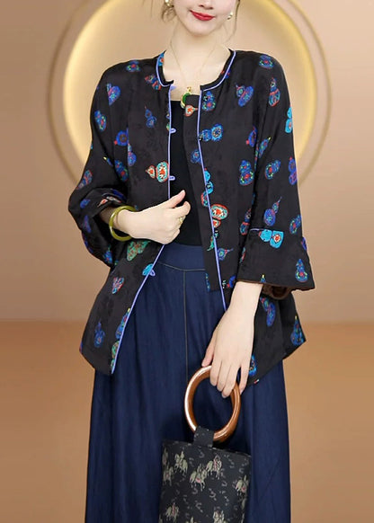 Beautiful Black O Neck Print Button Silk Cardigans Fall