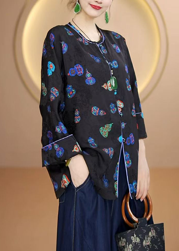 Beautiful Black O Neck Print Button Silk Cardigans Fall