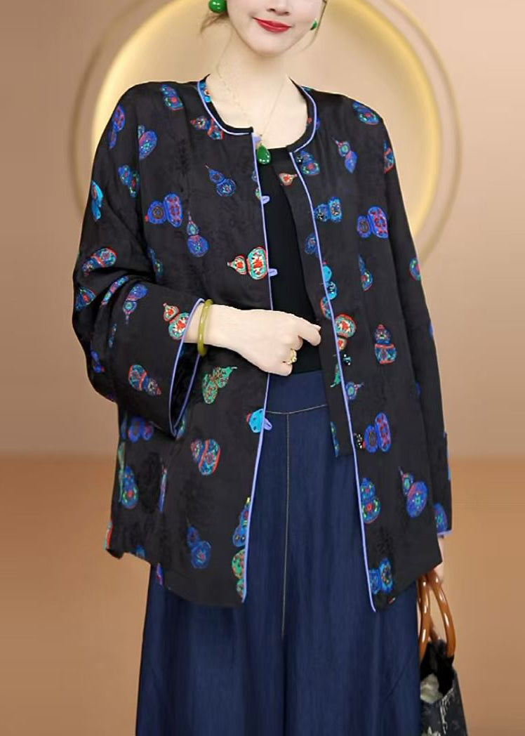 Beautiful Black O Neck Print Button Silk Cardigans Fall