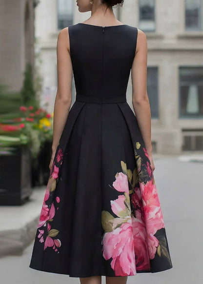 Beautiful Black O Neck Print Wrinkled Cotton Dress Sleeveless