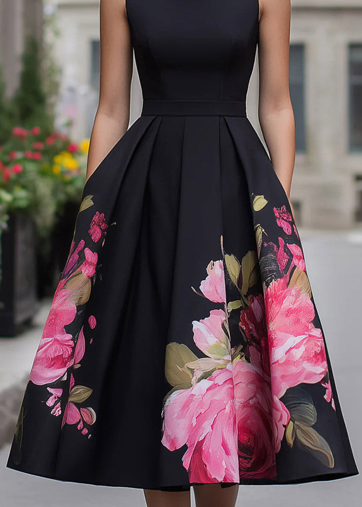 Beautiful Black O Neck Print Wrinkled Cotton Dress Sleeveless