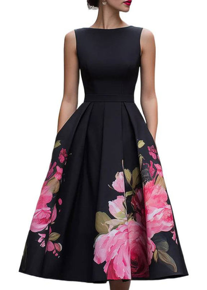 Beautiful Black O Neck Print Wrinkled Cotton Dress Sleeveless