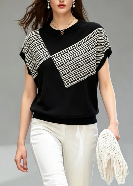 Beautiful Black O Neck Striped Thin Knit T Shirt Top Summer