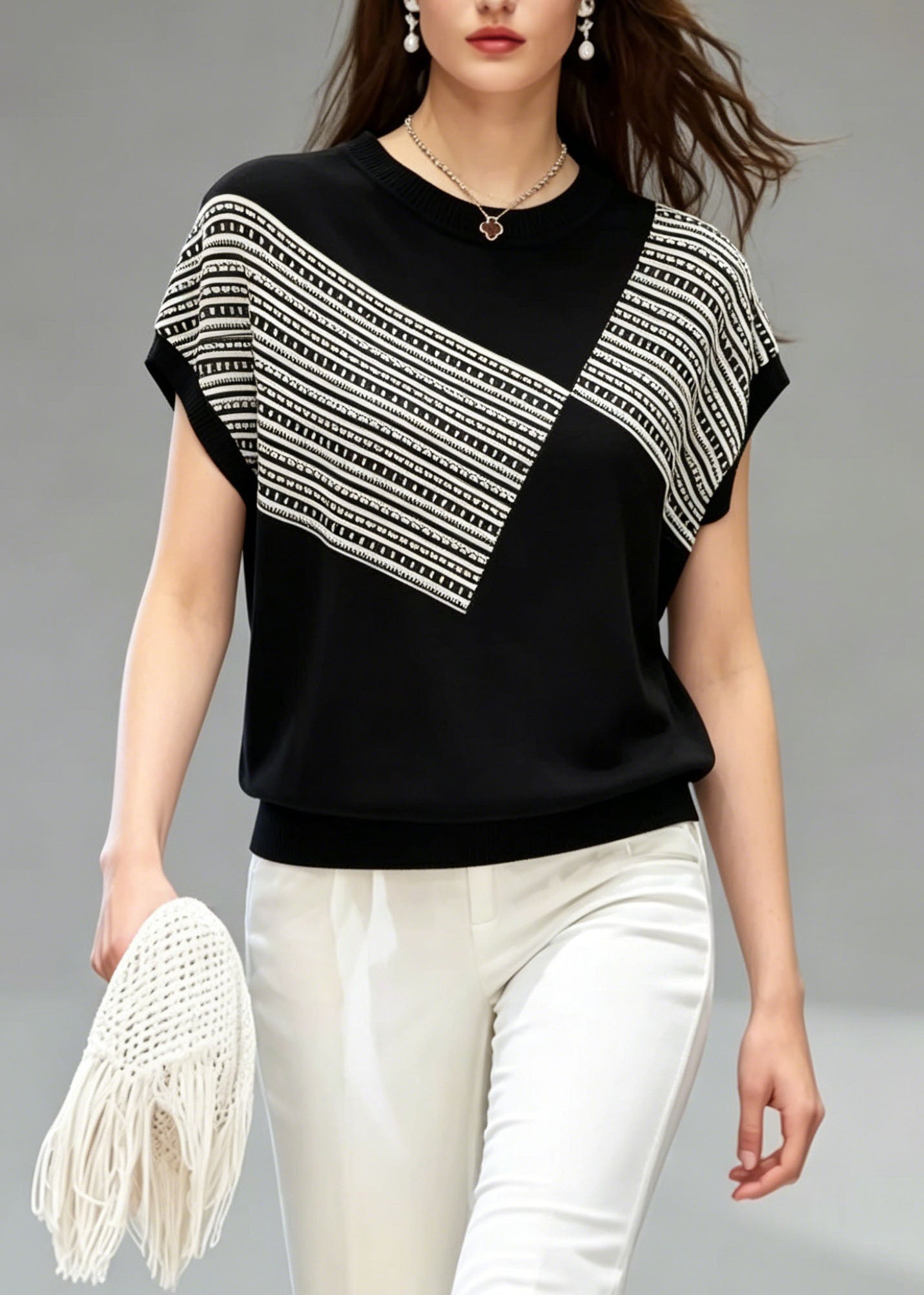 Beautiful Black O Neck Striped Thin Knit T Shirt Top Summer