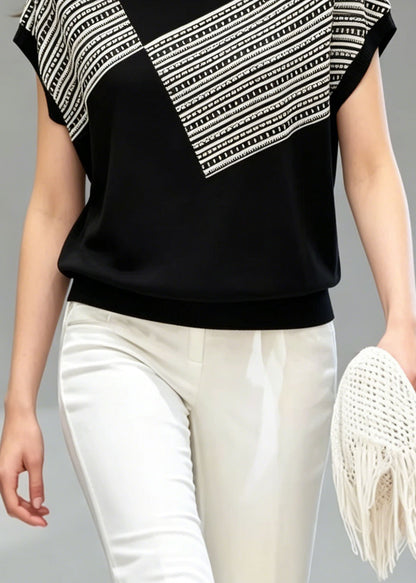 Beautiful Black O Neck Striped Thin Knit T Shirt Top Summer