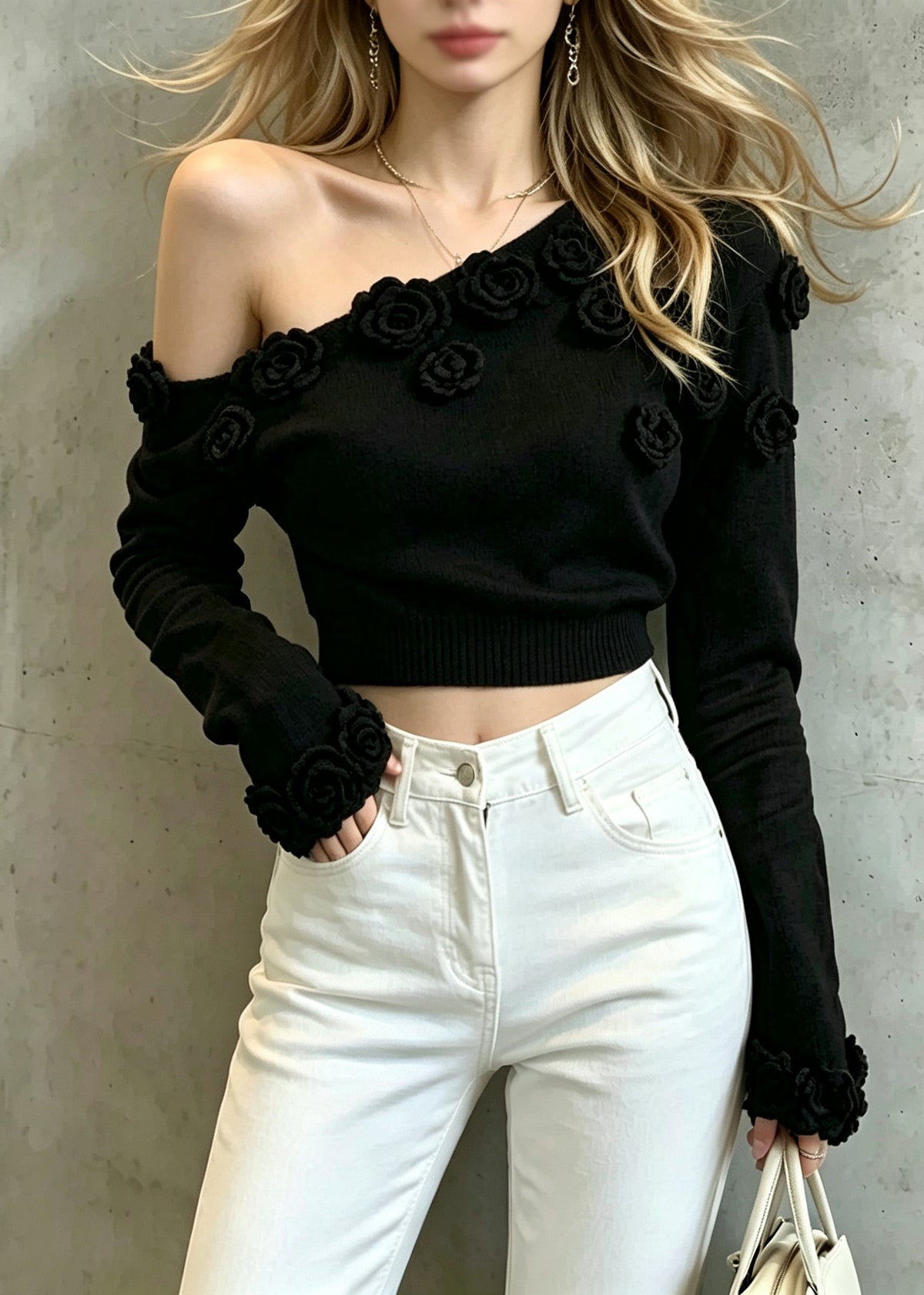 Beautiful Black One Shoulder Sculptural Floral Knit Short Sweater Fall