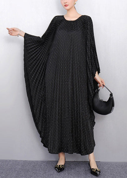 Beautiful Black Oversized Cotton Pleated Dress Batwing Sleeve