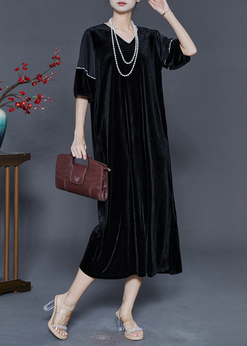 Beautiful Black Oversized Side Open Silk Velvet Party Dress Summer